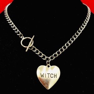 WITCH letter word alphabet heart pendant OT closure curb chain necklace choker